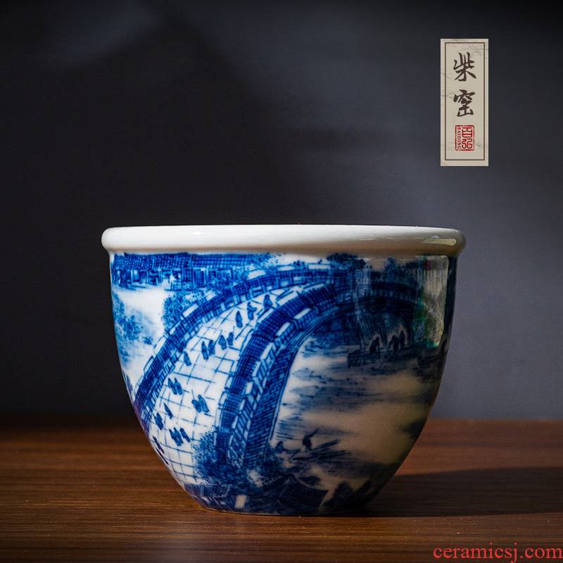 Yihong maintain the jingdezhen blue and white master cup single cup cup firewood hand - made qingming scroll sample tea cup