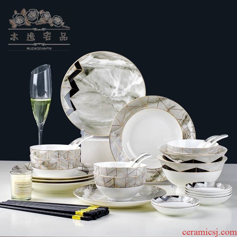 Wooden house product jingdezhen Nordic light dishes combination housewarming household utensils key-2 luxury suits for ipads bowls set a new house