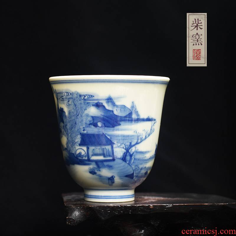 Hundreds of jingdezhen blue and white master cup single CPU hong maintain teacups hand - made firewood lay figure the bell cup sample tea cup