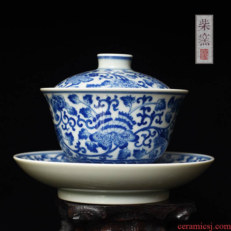 Yihong maintain the blue - and - white tureen jingdezhen tea cups to burn hand made peony branch only three cups of tea bowl