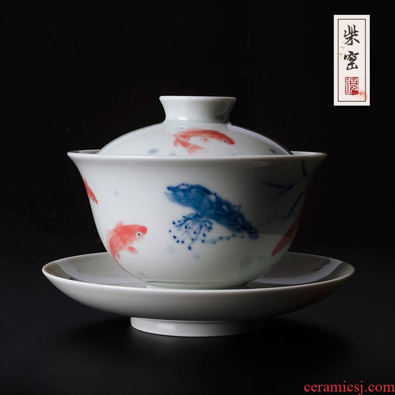 Yihong maintain the blue and red color tureen jingdezhen tea cups hand - made every year for more than three cups of tea bowl